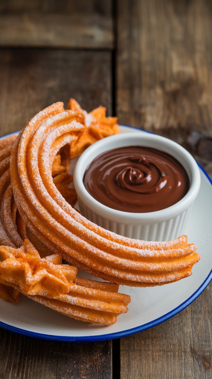 Crispy air fryer churros with cinnamon sugar and chocolate sauce on a rustic table.